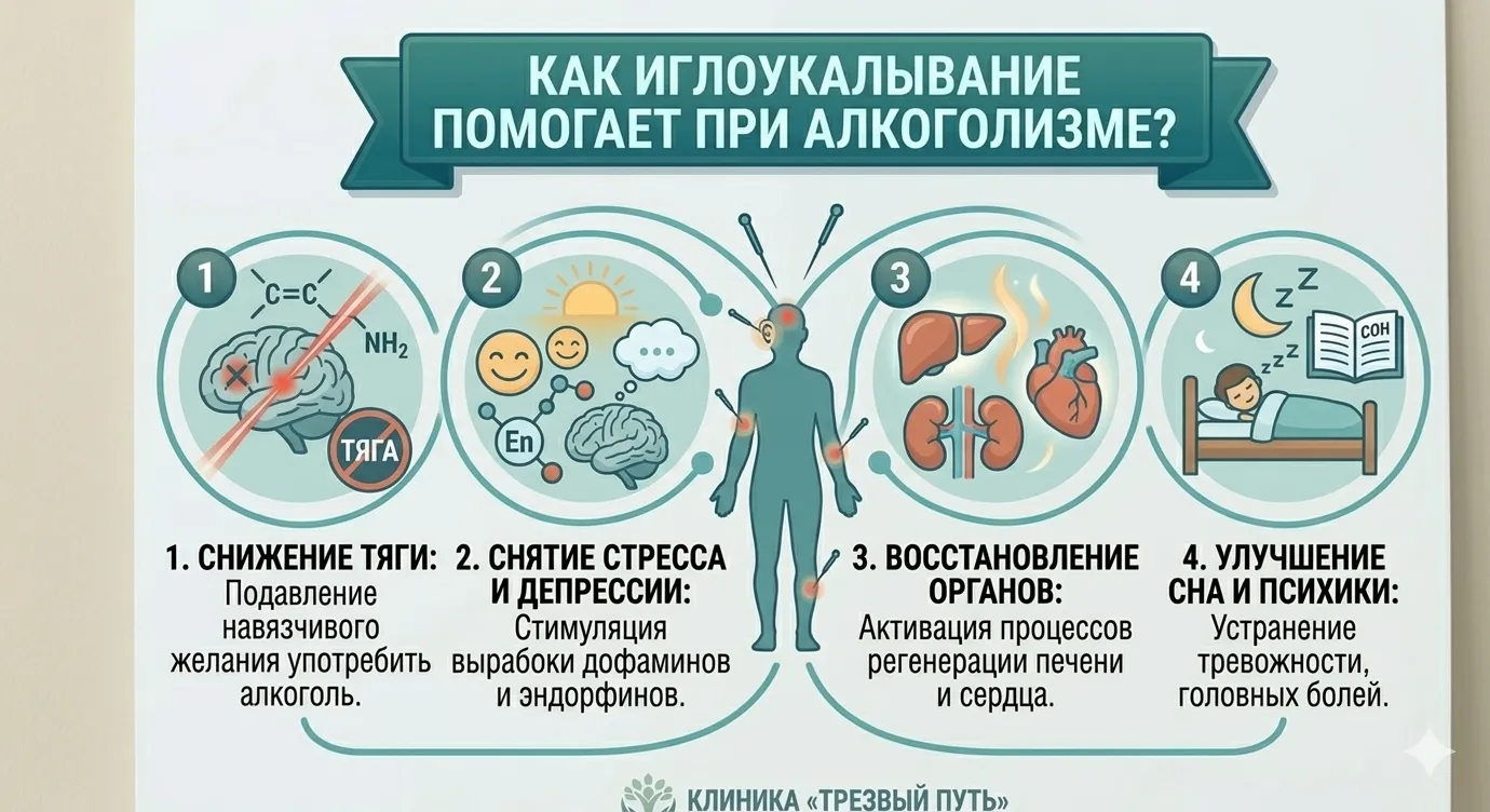 Инфографика «КАК ИГЛОУКАЛЫВАНИЕ ПОМОГАЕТ ПРИ АЛКОГОЛИЗМЕ?». Показаны 4 направления воздействия: 1. Снижение тяги (подавление навязчивого желания); 2. Снятие стресса и депрессии (стимуляция дофамина и эндорфинов); 3. Восстановление органов (регенерация печени и сердца); 4. Улучшение сна и психики (устранение тревожности и головных болей). Иллюстрация с биологически активными точками в стиле клиники «Трезвый Путь».