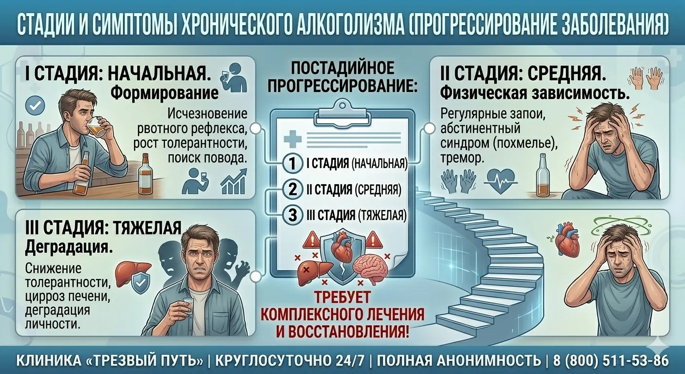 Стадии и симптомы хронического алкоголизма